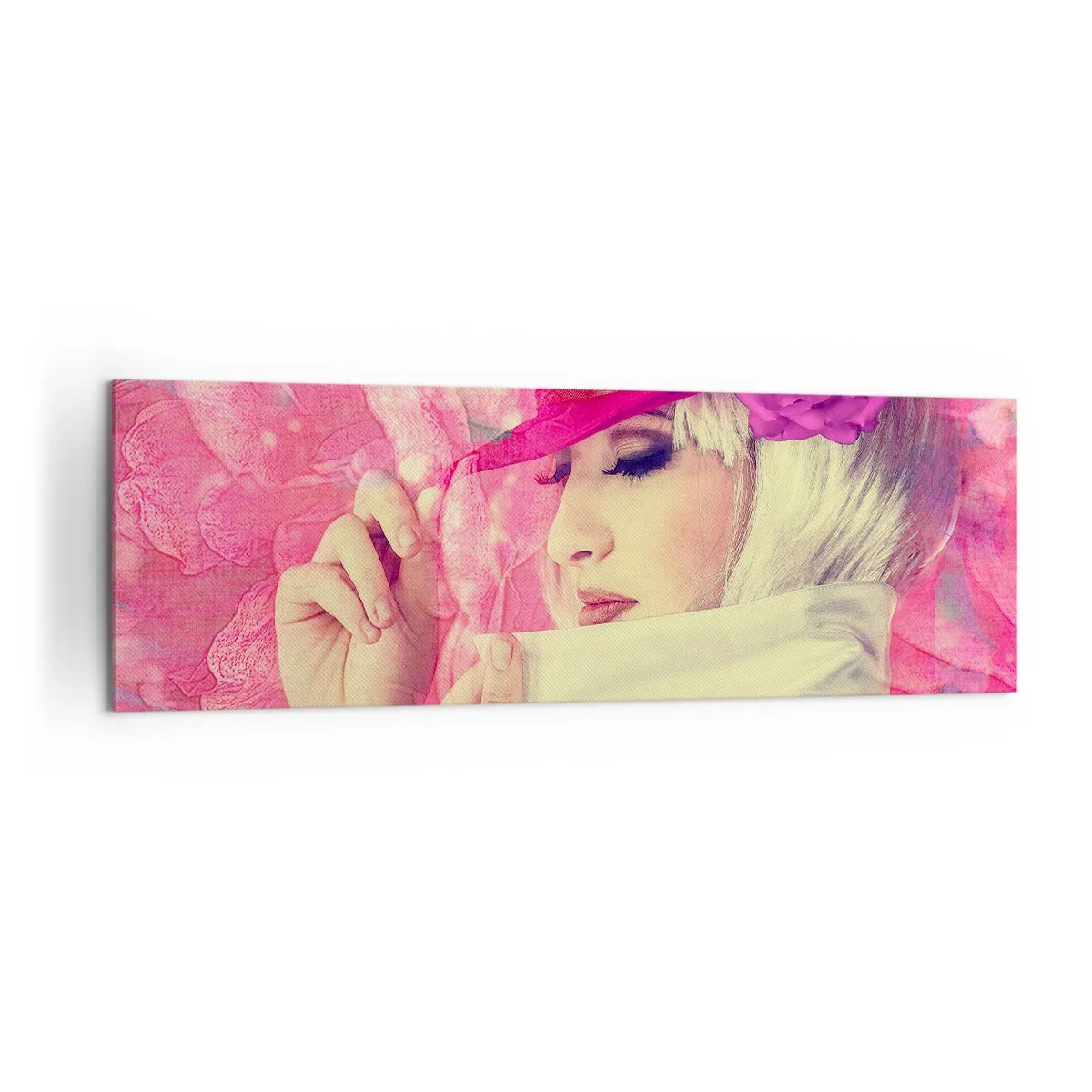 Bild auf Leinwand - Leinwandbild - Stilvolle Frau mit rosa Hut und Blume - 160x50cm - Retro-Porträt in einem rosa Nebel - Moderne Wanddekoration für Wohnzimmer und Schlafzimmer ARTTOR