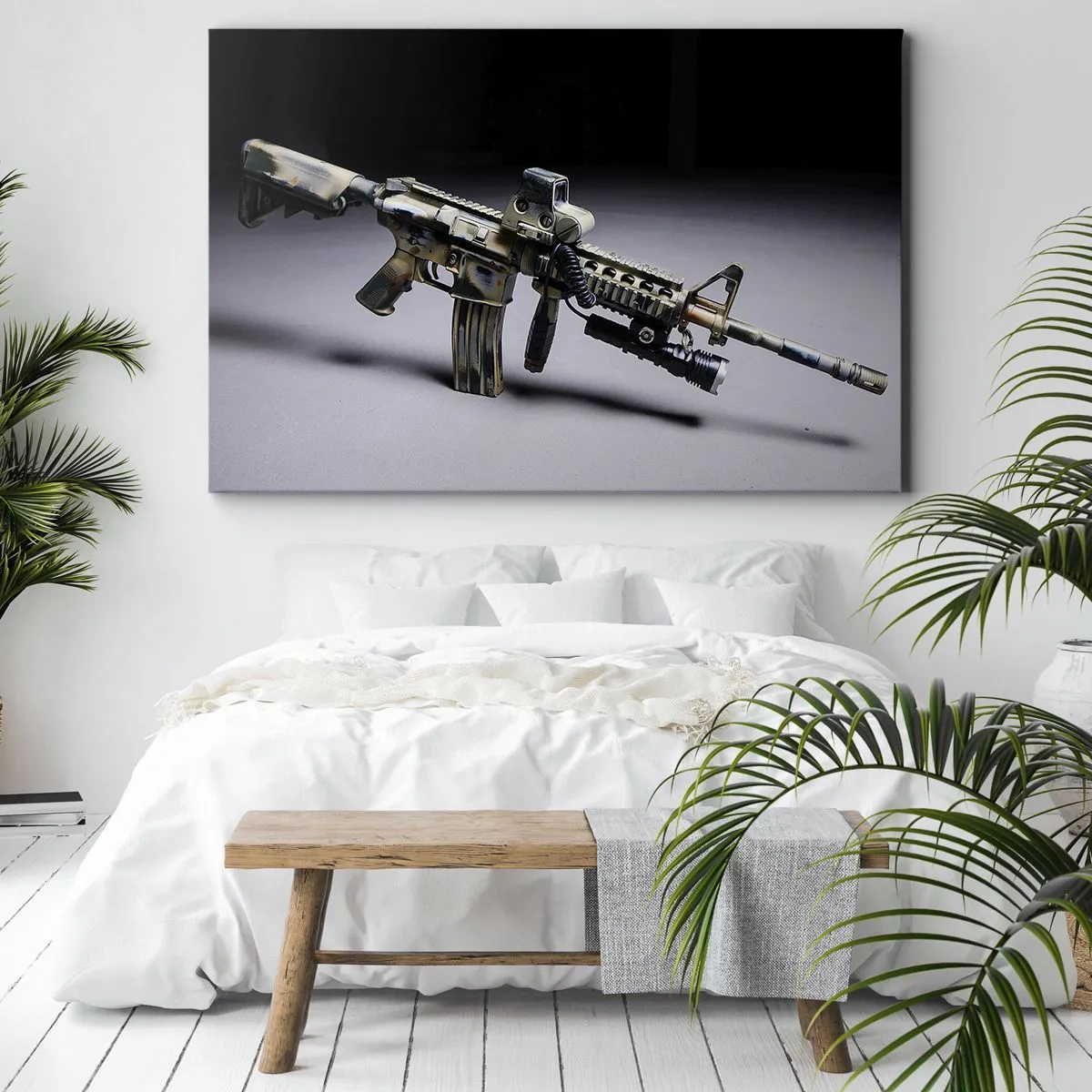Bild auf Leinwand - Leinwandbild - Moderne Waffe in Tarnfarbe auf dunklem Hintergrund - 70x50cm - Immer bedrohlich - Moderne Wanddekoration für Wohnzimmer und Schlafzimmer ARTTOR