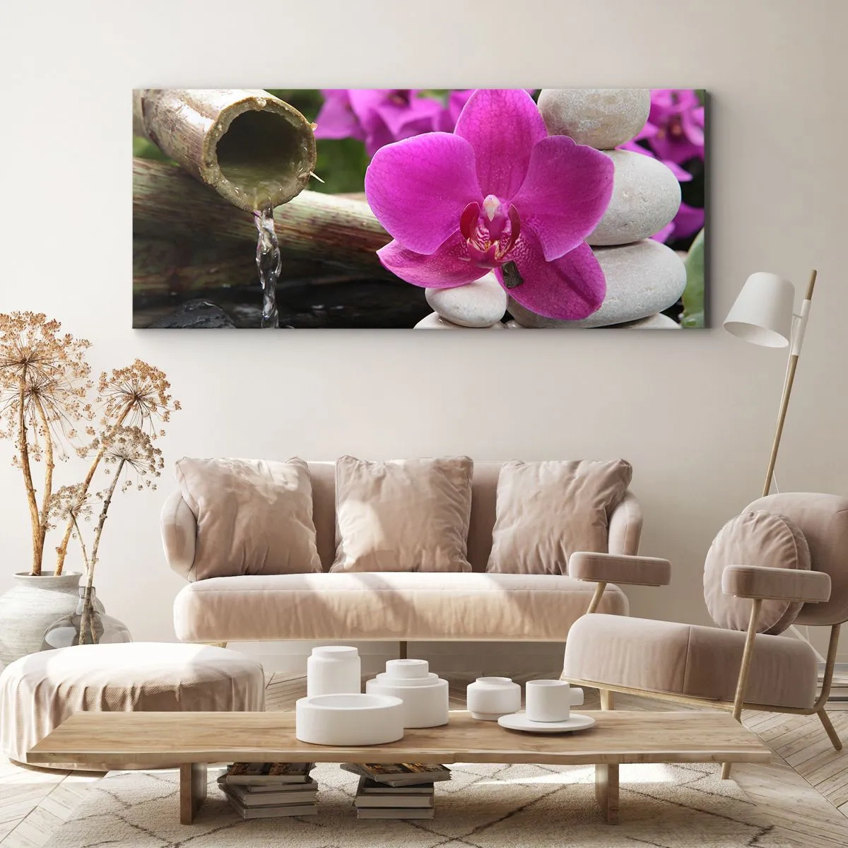 Bild auf Leinwand - Leinwandbild - Lila Orchidee, Steine und Bambus mit Wasser in einer entspannenden Umgebung - 140x50cm - Du ruhst dich schon aus - Moderne Wanddekoration für Wohnzimmer und Schlafzimmer ARTTOR