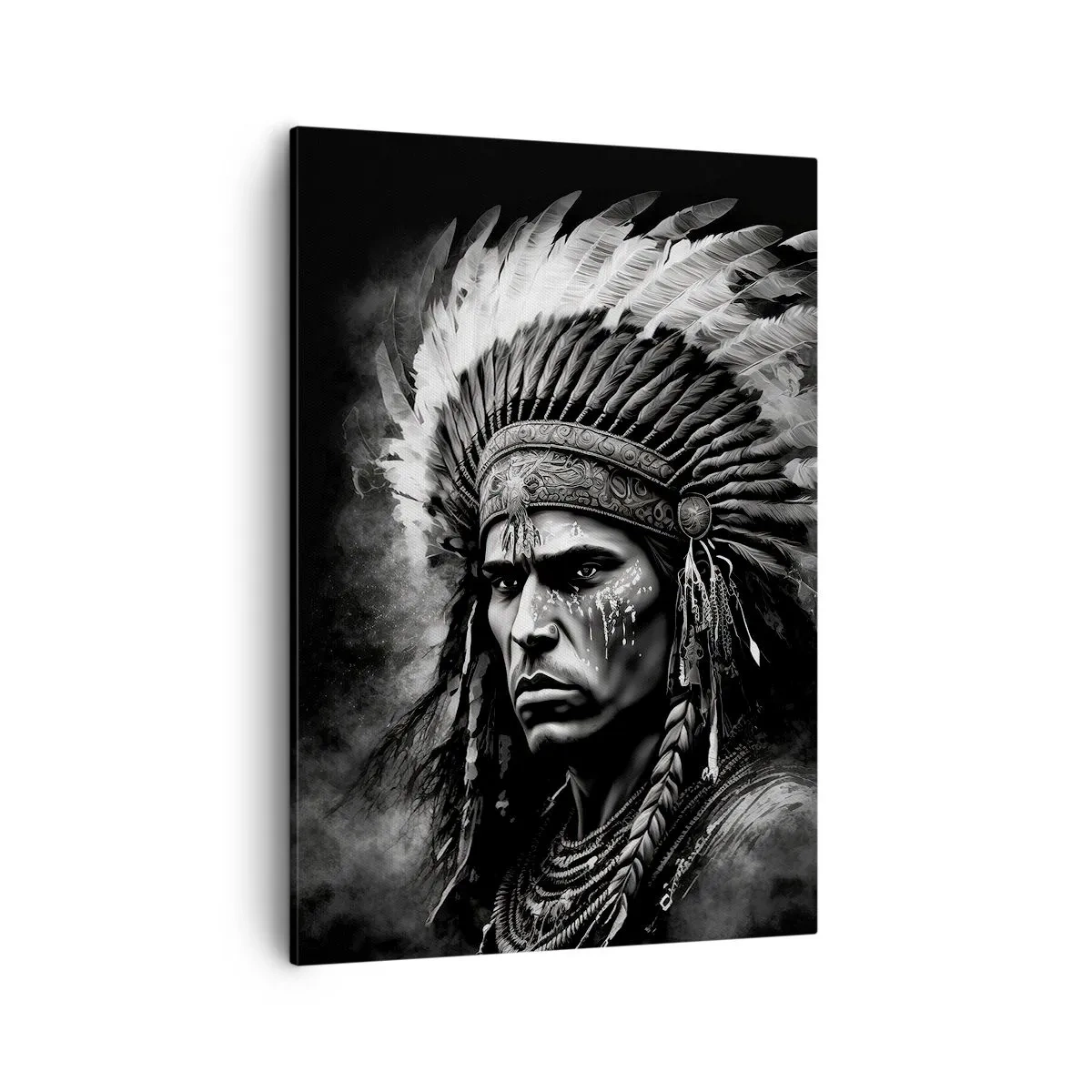 Bild auf Leinwand - Leinwandbild - Porträt eines Häuptlings mit Federschmuck vor schwarzem Hintergrund - 50x70cm - Anführer und Krieger - Moderne Wanddekoration für Wohnzimmer und Schlafzimmer ARTTOR