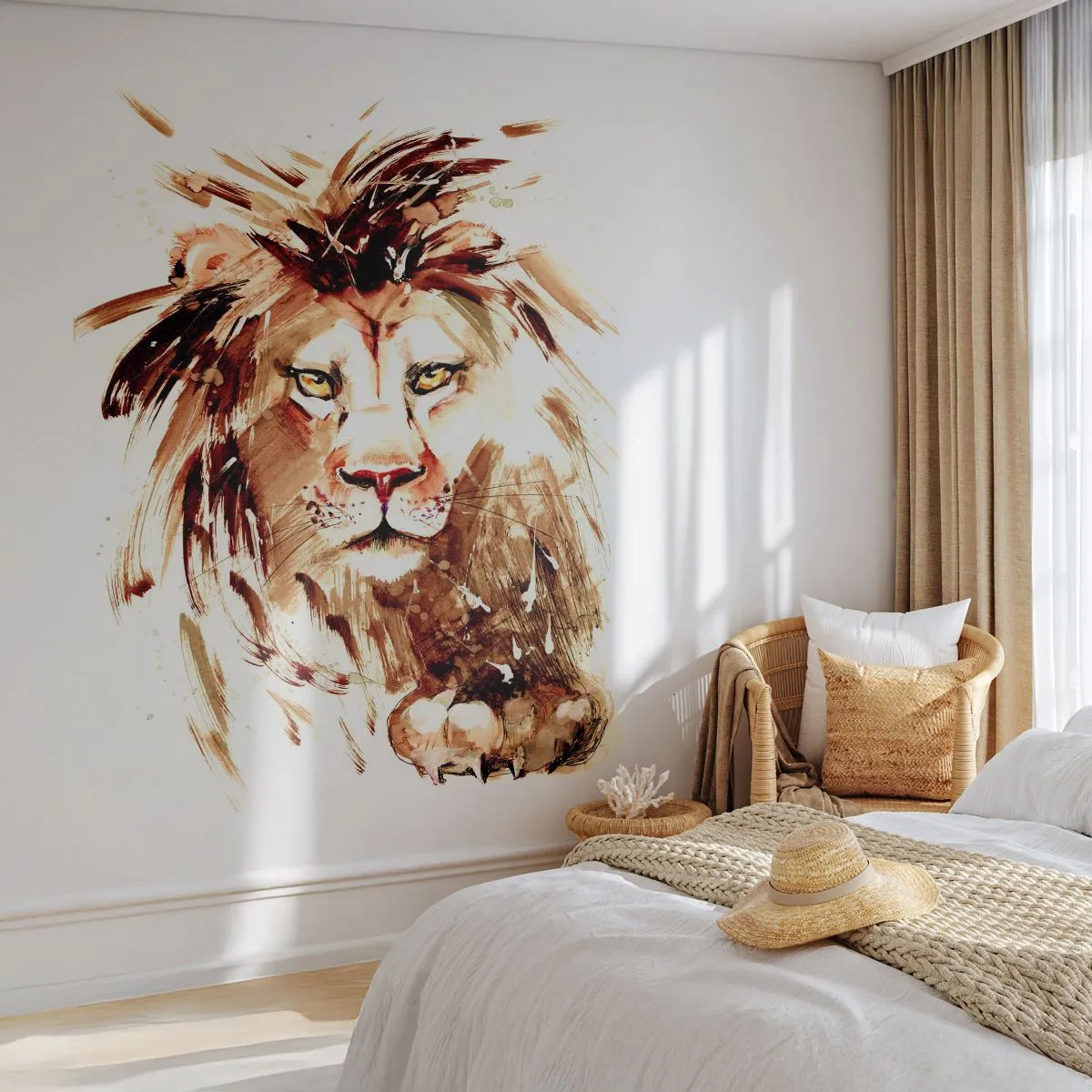 Fototapete Premium Sand - Aquarellporträt eines majestätischen Löwen - 100x70cm - Stärke und Würde - Moderne Wanddekoration für Wohnzimmer und Schlafzimmer ARTTOR