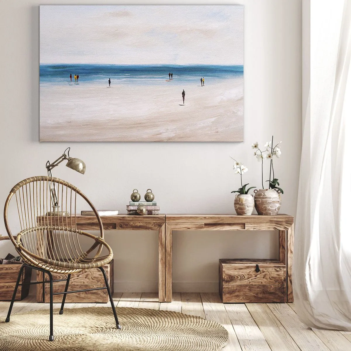 Bild auf Leinwand - Leinwandbild - Ein Strand mit Menschen vor der Kulisse eines ruhigen Meeres - 70x50cm - Natürliches Bedürfnis - Moderne Wanddekoration für Wohnzimmer und Schlafzimmer ARTTOR