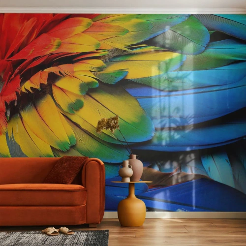 Selbstklebende Fototapete Deluxe Sticker - Paradiesvogel - Bunte Federn, Papageienfedern, Tiere - 100x70 cm