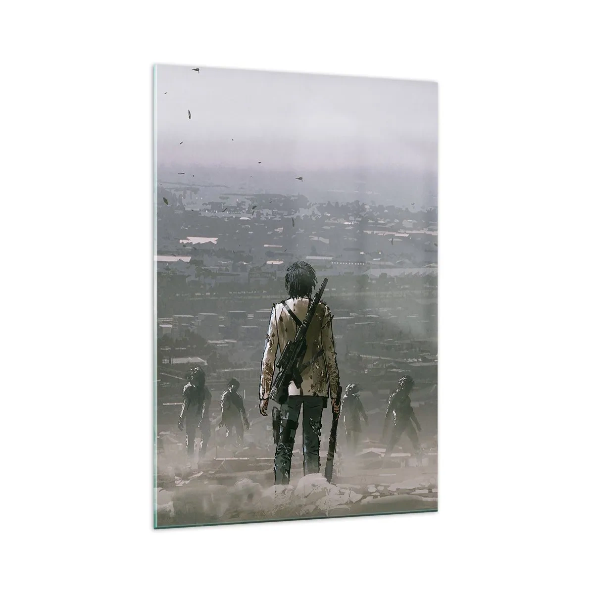 Glasbild - Bild auf glas - Eine Gestalt mit einer Waffe steht vor einer Gruppe in einer dystopischen Landschaft. - 70x100cm - Letzter Gerechter? - Moderne Wanddekoration für Wohnzimmer und Schlafzimmer ARTTOR