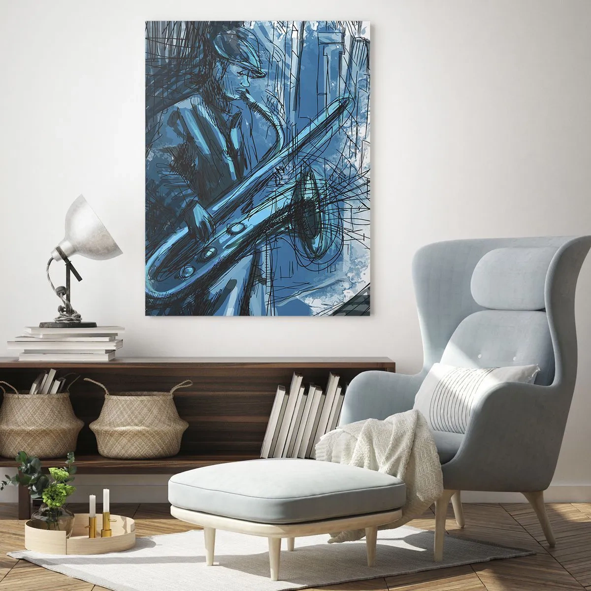 Glasbild - Bild auf glas - Eine Saxophon spielende Figur vor dem Hintergrund einer Stadt - 70x100cm - Urbane Rhapsodie - Moderne Wanddekoration für Wohnzimmer und Schlafzimmer ARTTOR