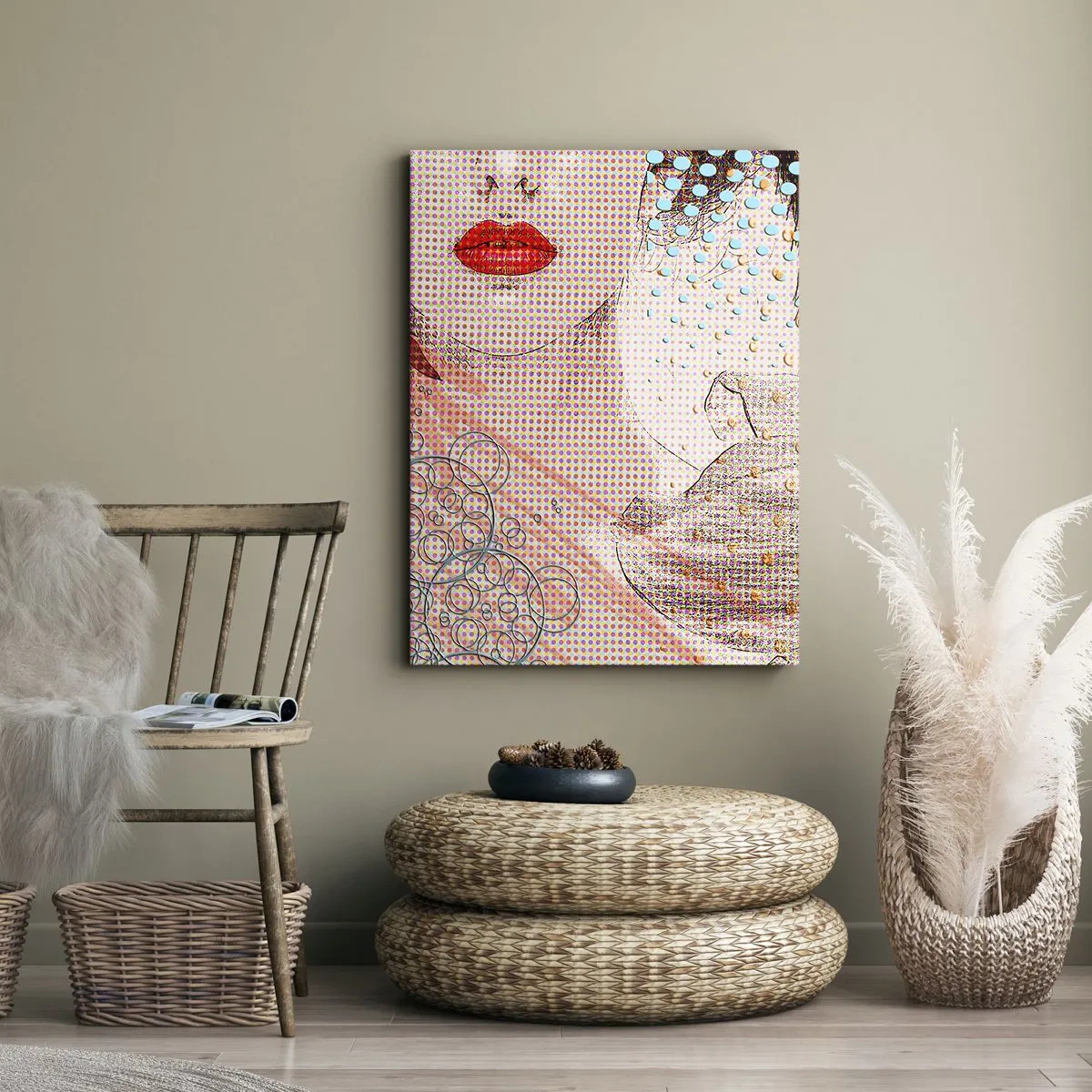 Bild auf Leinwand - Leinwandbild - Abstraktes Kunstwerk mit Mund- und Orchideenmotiv - 70x100cm - Comic-Heldin - Moderne Wanddekoration für Wohnzimmer und Schlafzimmer ARTTOR