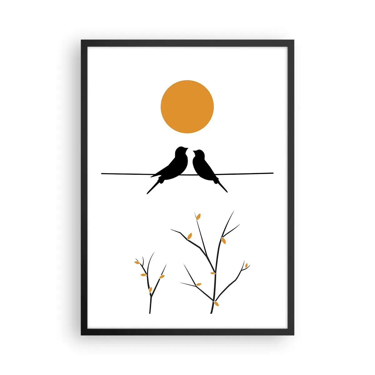 Poster in einem schwarzem Rahmen - Zwei Vögel auf einem Ast mit einer orangefarbenen Sonne im Hintergrund - 50x70cm - Abend der Nachtigallen - Moderne Wanddekoration für Wohnzimmer und Schlafzimmer ARTTOR