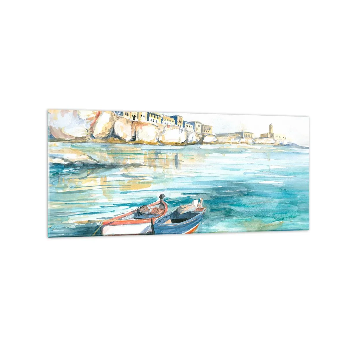 Glasbild - Bild auf glas - Eine malerische Küstenlandschaft mit Booten auf dem Wasser - 120x50cm - Landschaft in Azurblau - Moderne Wanddekoration für Wohnzimmer und Schlafzimmer ARTTOR