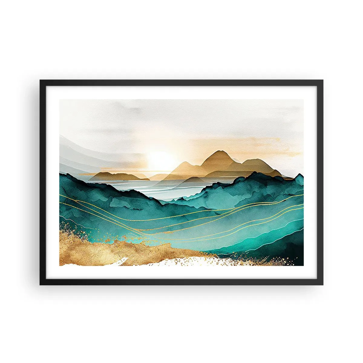 Poster in einem schwarzem Rahmen - Abstrakte Landschaft mit Bergen und goldenen Akzenten - 70x50cm - Am Rande der Abstraktion – Landschaft - Moderne Wanddekoration für Wohnzimmer und Schlafzimmer ARTTOR