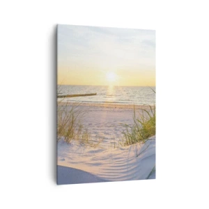 Bild auf Leinwand - Leinwandbild - Ein Sandstrand mit Blick auf den Sonnenuntergang über dem Meer - 70x100cm - Das Rauschen des Meeres, der Gesang der Vögel, ein wilder Strand im Gras ... - Moderne Wanddekoration für Wohnzimmer und Schlafzimmer ARTTOR