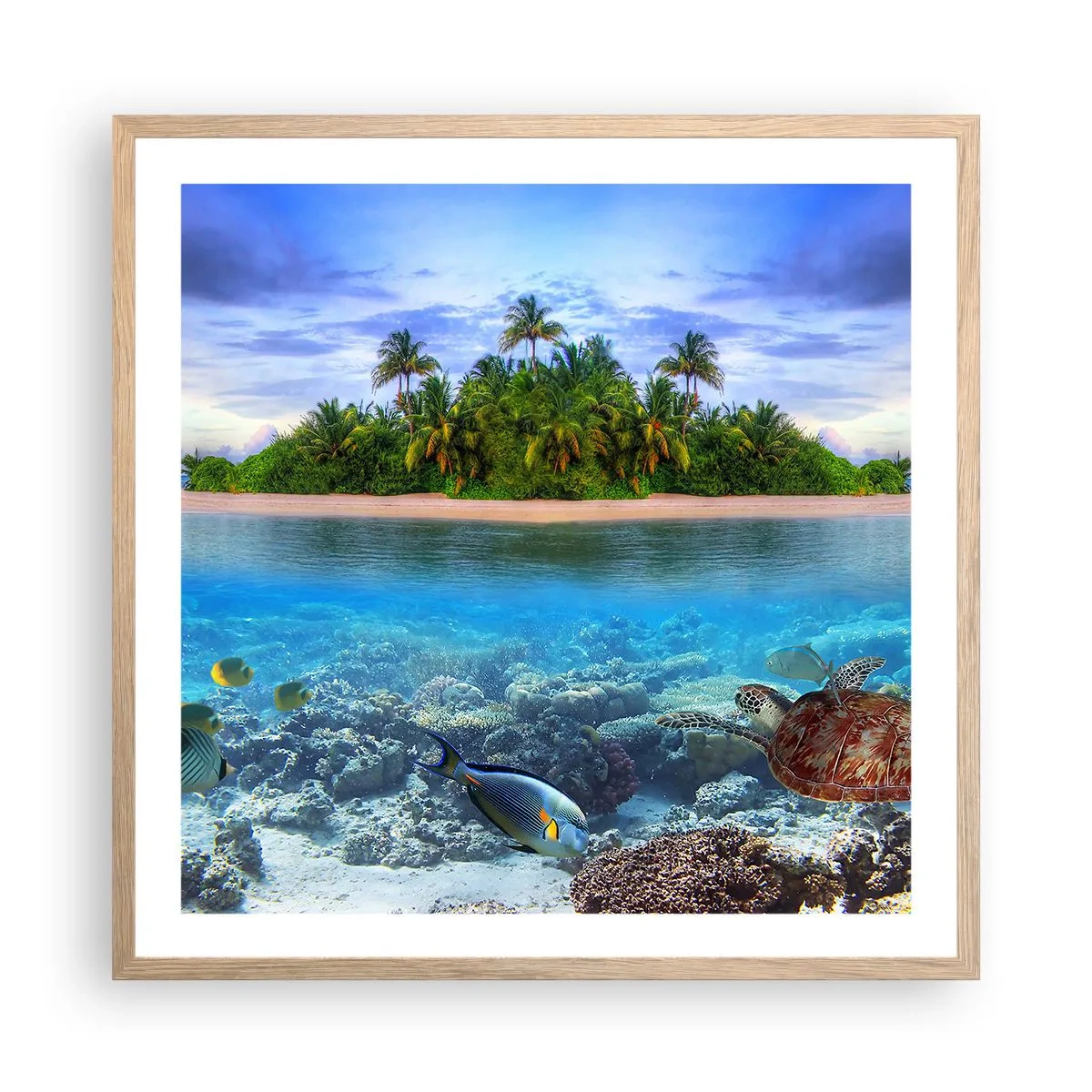 Poster in einem Rahmen aus heller Eiche - Heavenly Island lädt dich ein - 60x60 cm