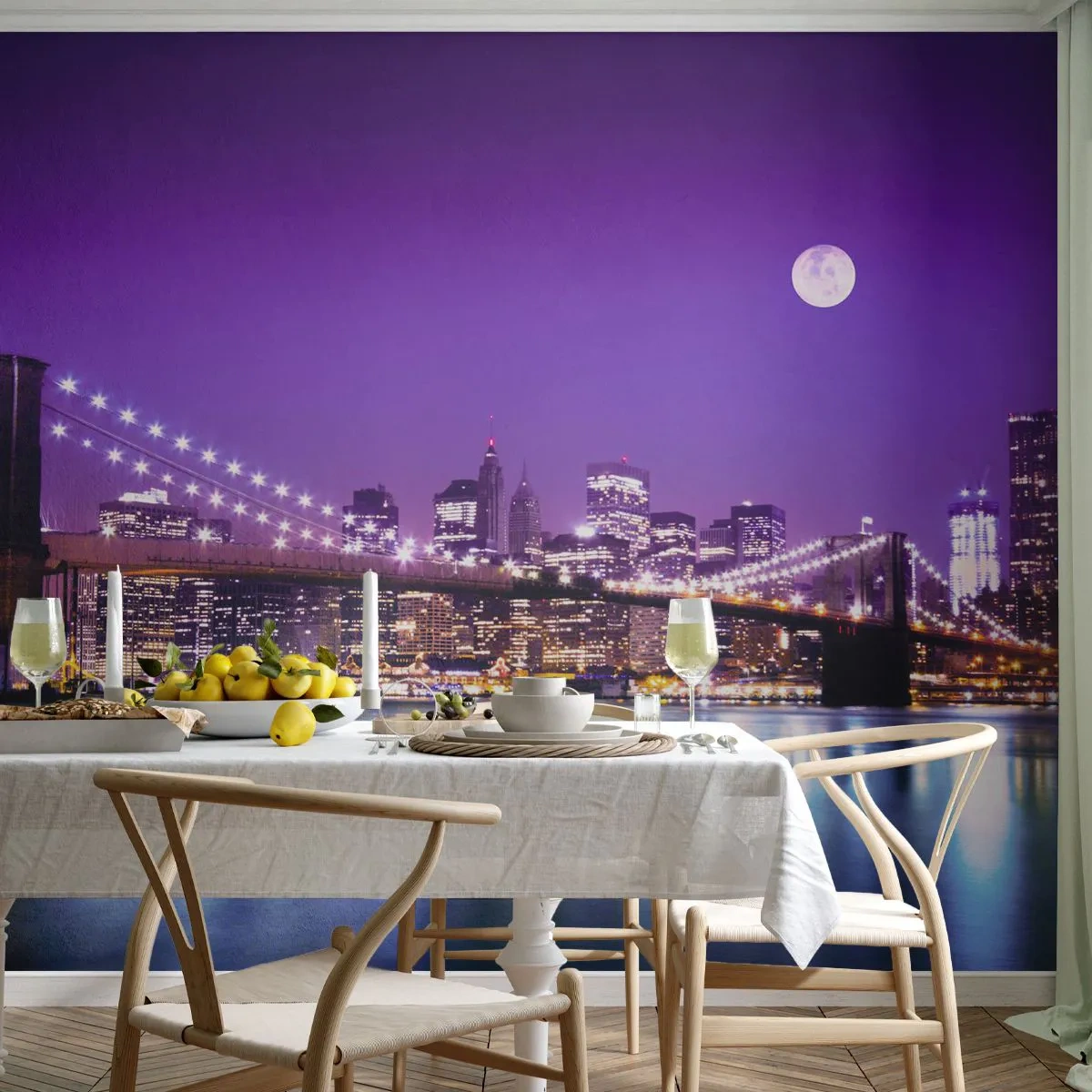 Fototapete Premium Sand - Die Lichter der Großstadt in Lila - Stadt, New York, Brooklyn Brücke - 150x105 cm