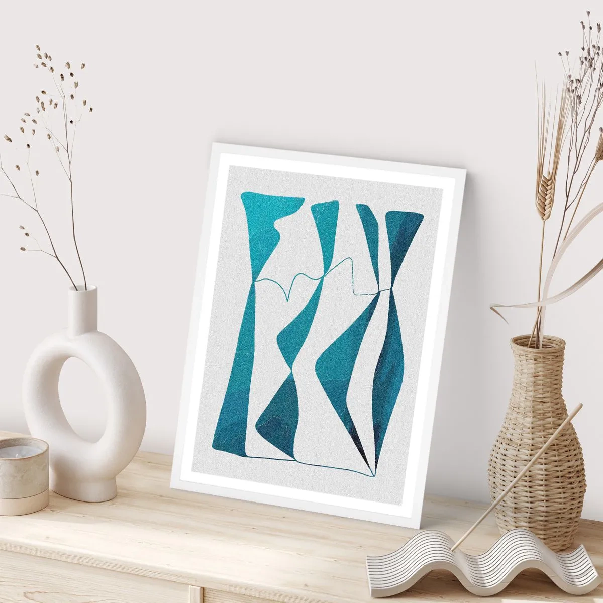Poster in einem weißen Rahmen - Abstraktion: türkisfarbene Verbindung - 50x70 cm
