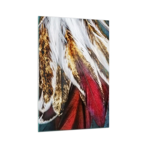 Glasbild - Bild auf glas - Nahaufnahme von mehrfarbigen Federn in leuchtenden, intensiven Farben - 70x100cm - Geheimnisse des Fliegens - Moderne Wanddekoration für Wohnzimmer und Schlafzimmer ARTTOR