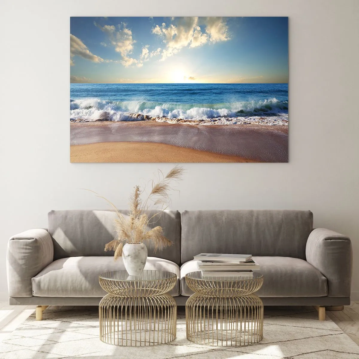 Glasbild - Bild auf glas - Meereswellen brechen bei Sonnenaufgang an einem goldenen Strand - 120x80cm - Bewegung und Stille zugleich - Moderne Wanddekoration für Wohnzimmer und Schlafzimmer ARTTOR
