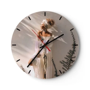 Wanduhr - Glasuhr - Eine Frau im Boho-Stil steht in der Sonne - 30x30cm - Die Sonne und das Mädchen - Moderne Wanddekoration für Wohnzimmer, Küche und Schlafzimmer ARTTOR