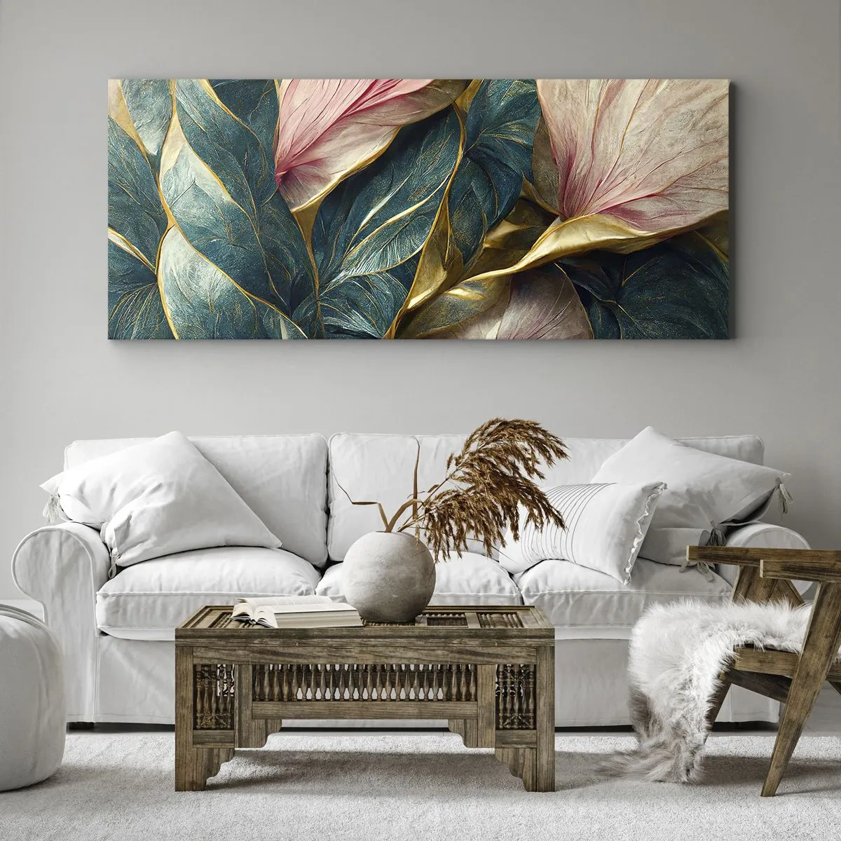 Bild auf Leinwand - Leinwandbild - Elegante Blätter in Grün, Gold und Pink - 160x50cm - Natürliche Eleganz und Stil - Moderne Wanddekoration für Wohnzimmer und Schlafzimmer ARTTOR