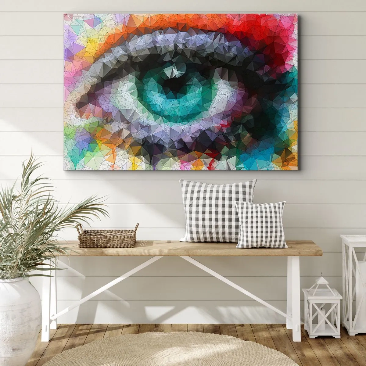 Bild auf Leinwand - Leinwandbild - Geometrischer Look mit grünem Auge - 70x50cm - Kristallines Leuchten der Augen - Moderne Wanddekoration für Wohnzimmer und Schlafzimmer ARTTOR