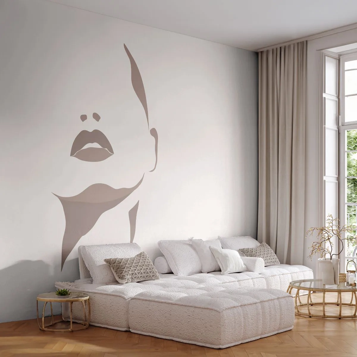 Fototapete Premium Sand - Aus Licht und Schatten - Das Gesicht einer Frau, Frau, Stück - 500x350 cm