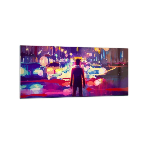 Glasbild - Bild auf glas - Ein Mann in einer neonfarbenen Nachtszene einer Stadt - 120x50cm - Eingetaucht in das Licht - Moderne Wanddekoration für Wohnzimmer und Schlafzimmer ARTTOR