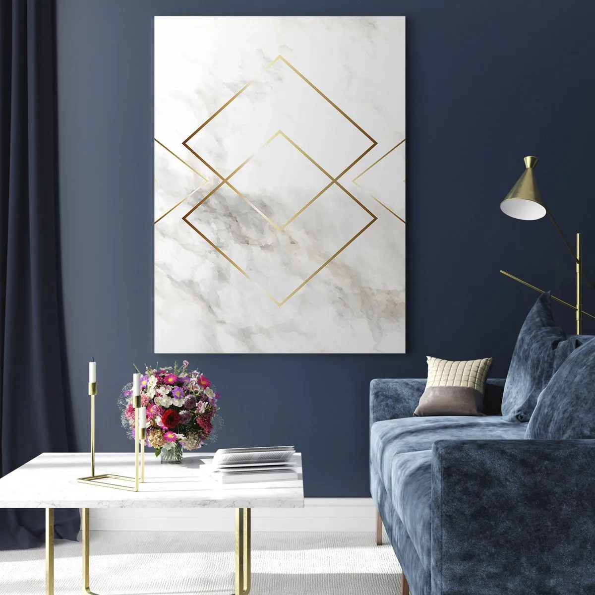 Glasbild - Bild auf glas - Geometrische goldene Rauten auf weißem Marmorhintergrund - 50x70cm - Ein Blick in die Unendlichkeit - Moderne Wanddekoration für Wohnzimmer und Schlafzimmer ARTTOR