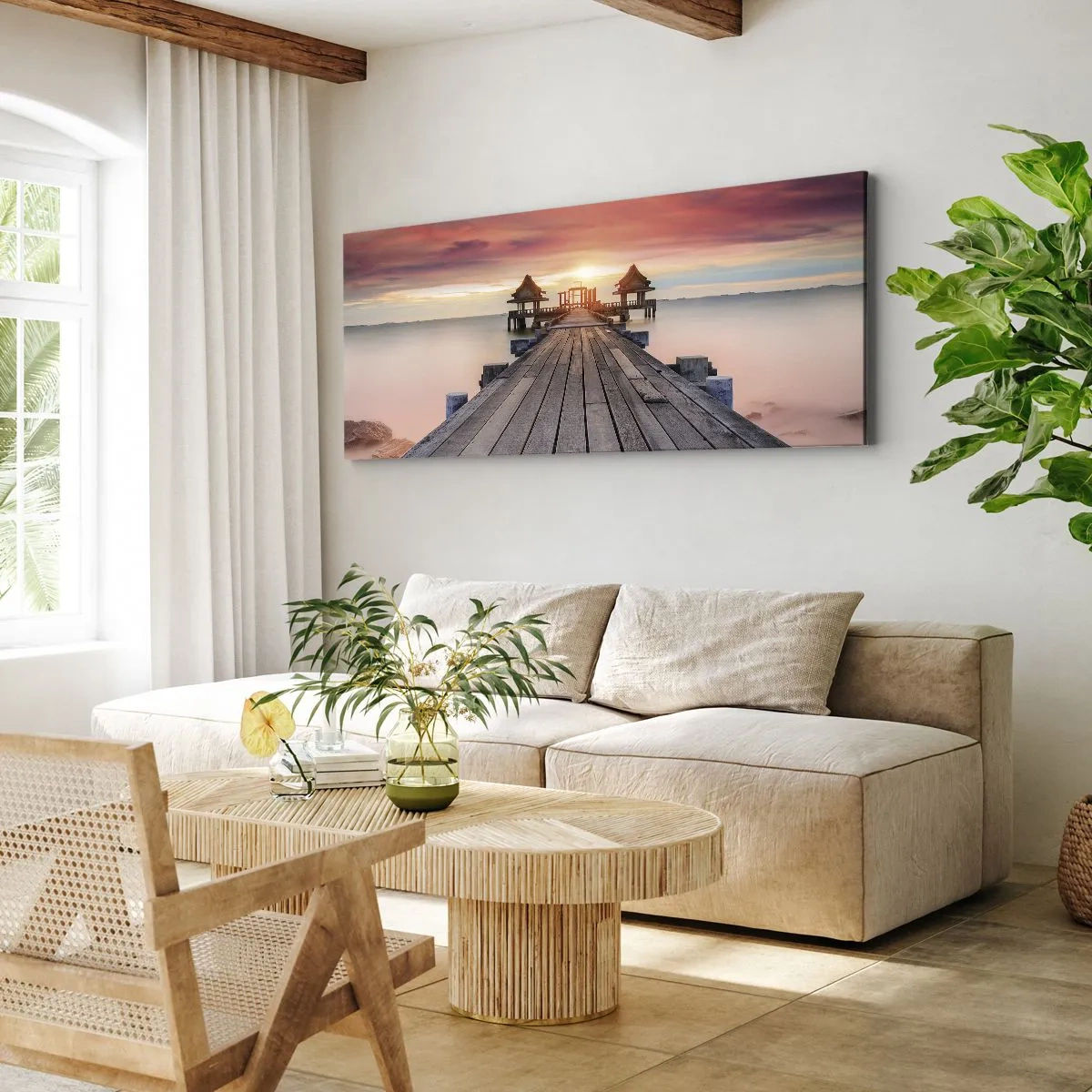 Bild auf Leinwand - Leinwandbild - Holzsteg führt zu Pavillons bei Sonnenuntergang - 140x50cm - Westen im Osten - Moderne Wanddekoration für Wohnzimmer und Schlafzimmer ARTTOR