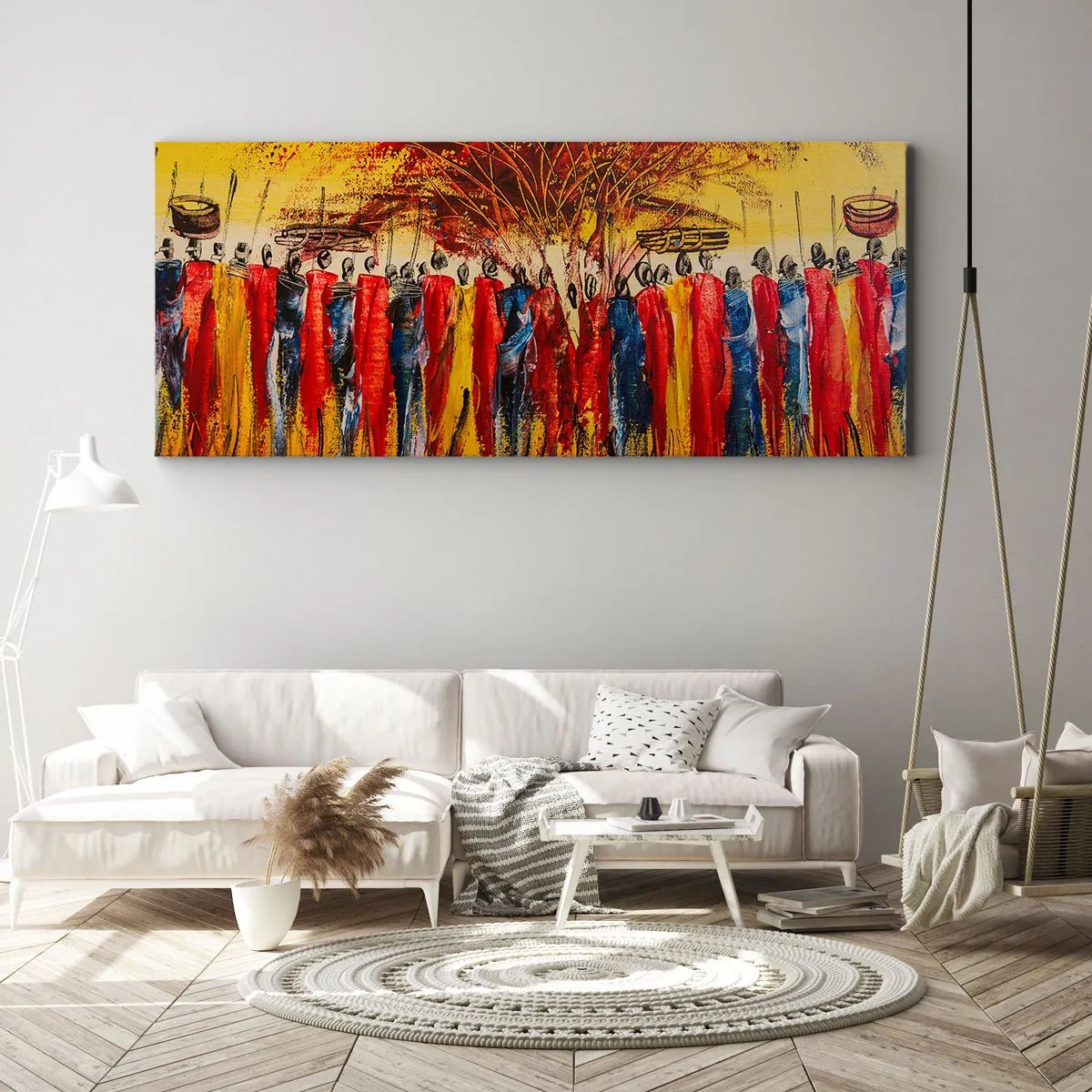 Bild auf Leinwand - Leinwandbild - Eine farbenfrohe Szene mit afrikanischen Figuren vor dem Hintergrund der untergehenden Sonne. - 160x50cm - Dort, dort, dort gehen sie - Moderne Wanddekoration für Wohnzimmer und Schlafzimmer ARTTOR