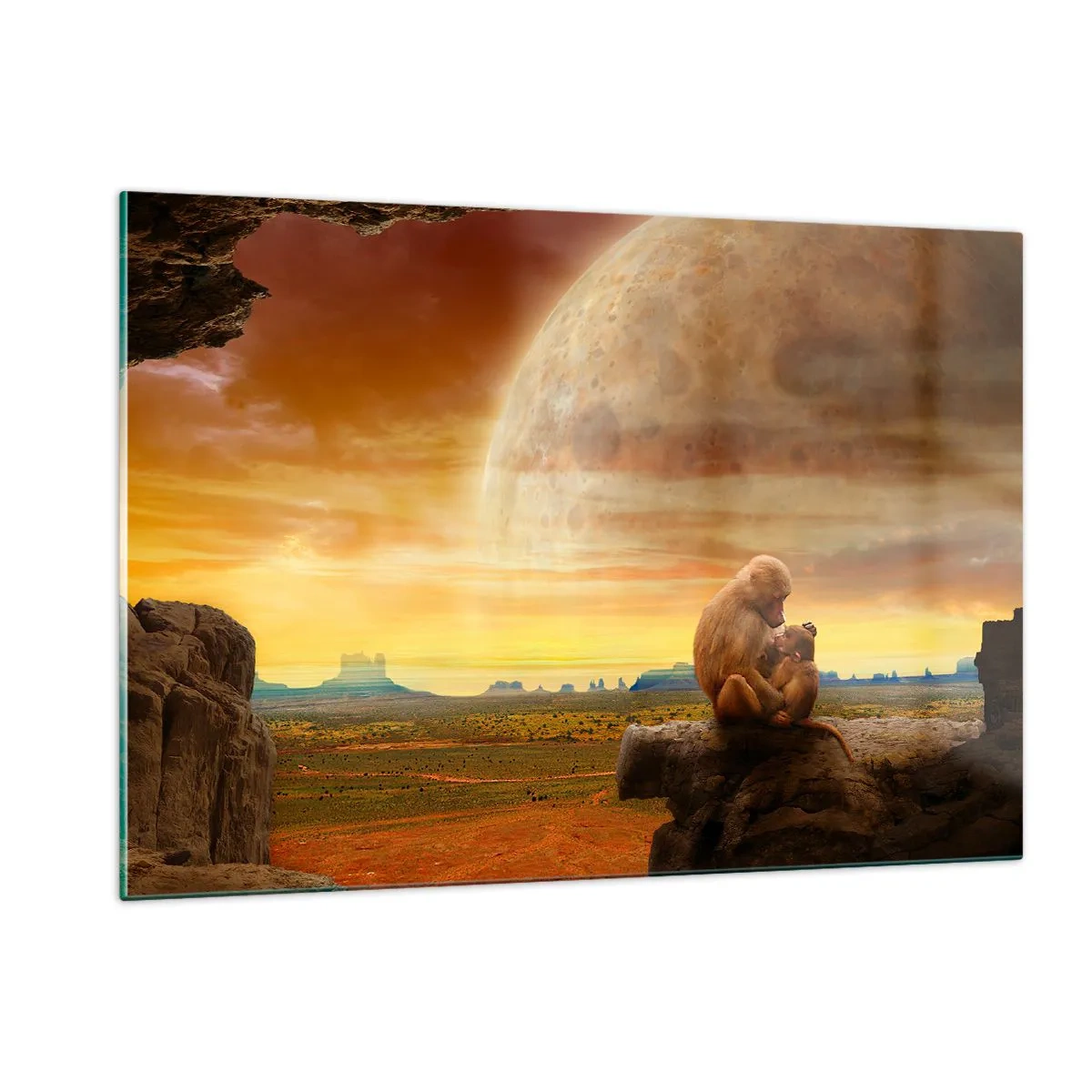 Glasbild - Bild auf glas - Affen sitzen auf einem Felsen mit einem riesigen Mond im Hintergrund - 120x80cm - Die Liebe ist überall gleich - Moderne Wanddekoration für Wohnzimmer und Schlafzimmer ARTTOR