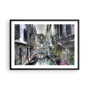 Poster in einem schwarzem Rahmen - Venezianischer Kanal mit Gondel und Steinbrücke - 70x50cm - Seit Jahrhunderten in stiller Besinnung - Moderne Wanddekoration für Wohnzimmer und Schlafzimmer ARTTOR