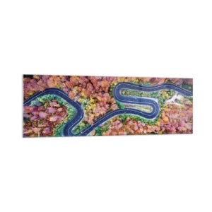 Glasbild - Bild auf glas - Eine kurvenreiche Straße in einem herbstlichen Wald aus der Vogelperspektive gesehen - 160x50cm - Kurvenreicher Weg durch den Wald - Moderne Wanddekoration für Wohnzimmer und Schlafzimmer ARTTOR