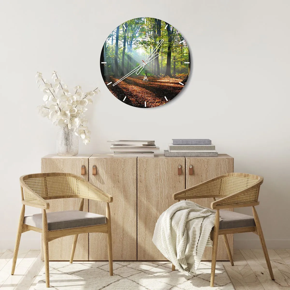 Wanduhr - Glasuhr - Sonnenstrahlen im herbstlichen Wald - 30x30cm - Licht und Schatten - Moderne Wanddekoration für Wohnzimmer, Küche und Schlafzimmer ARTTOR