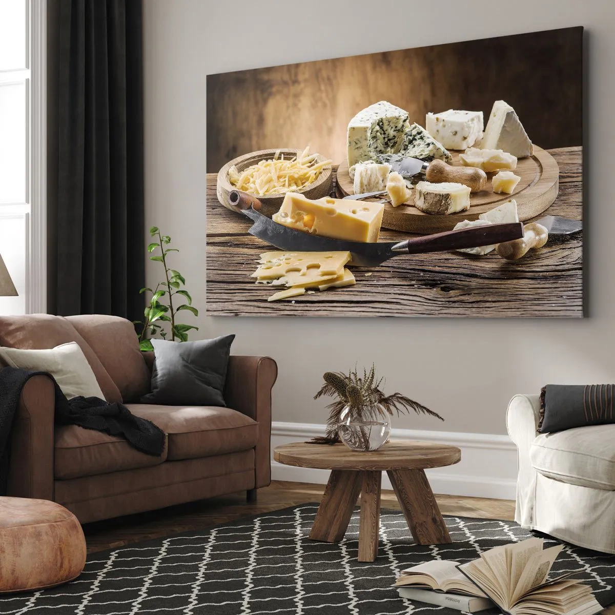 Bild auf Leinwand - Leinwandbild - Eine Käseplatte mit verschiedenen Sorten auf einem Holztisch - 70x50cm - Lächeln Sie den Käse an - Moderne Wanddekoration für Wohnzimmer und Schlafzimmer ARTTOR