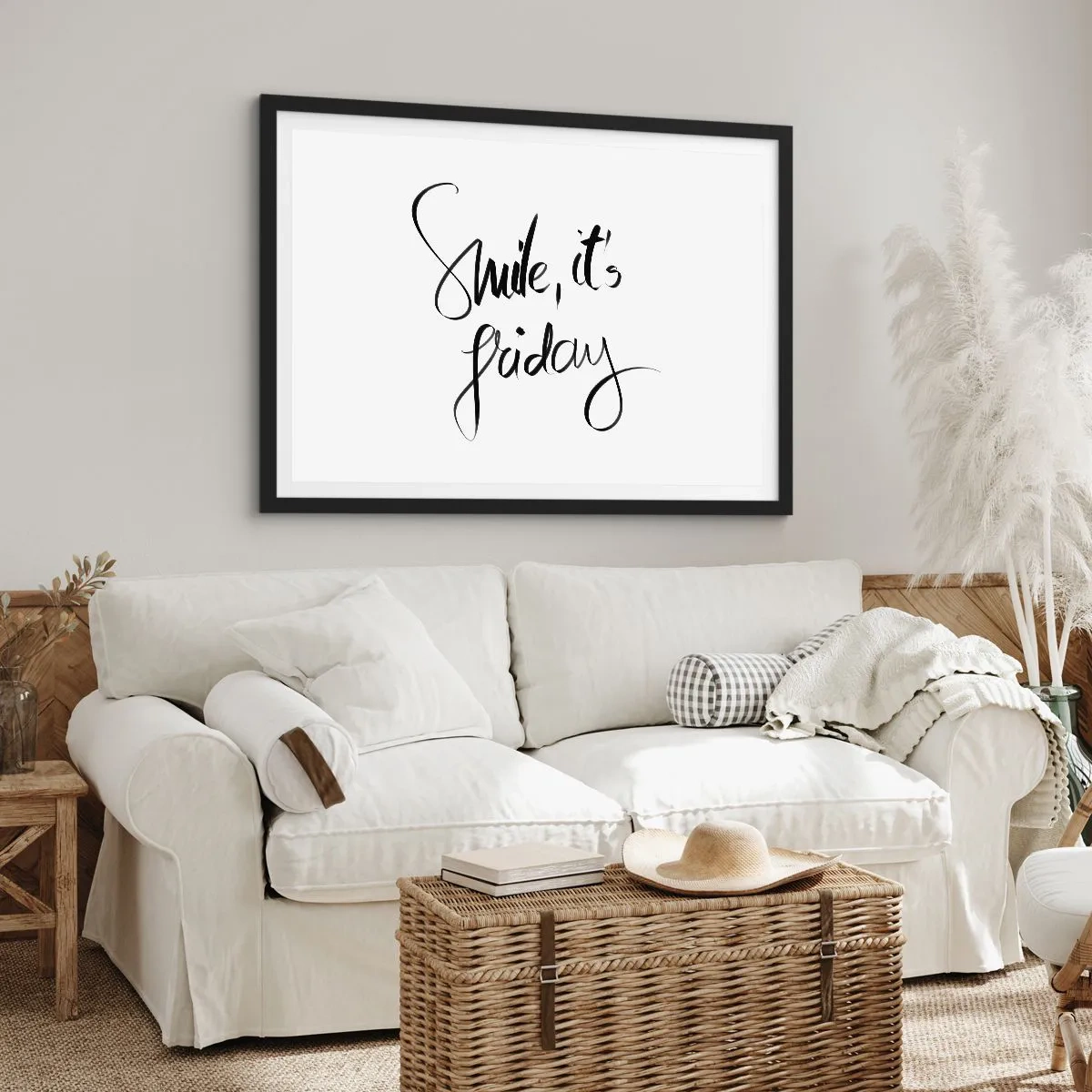 Poster in einem schwarzem Rahmen - Schwarz-weißer Schriftzug Smile, it's Friday - 100x70cm - Echte Freude - Moderne Wanddekoration für Wohnzimmer und Schlafzimmer ARTTOR