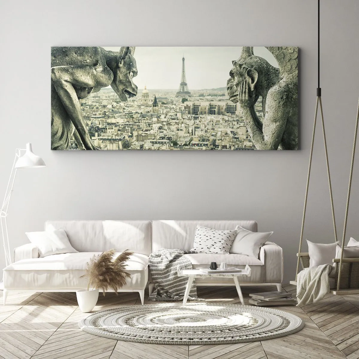 Bild auf Leinwand - Leinwandbild - Wasserspeier mit Blick auf die Skyline von Paris und den Eiffelturm - 140x50cm - Pariser Plaudern - Moderne Wanddekoration für Wohnzimmer und Schlafzimmer ARTTOR