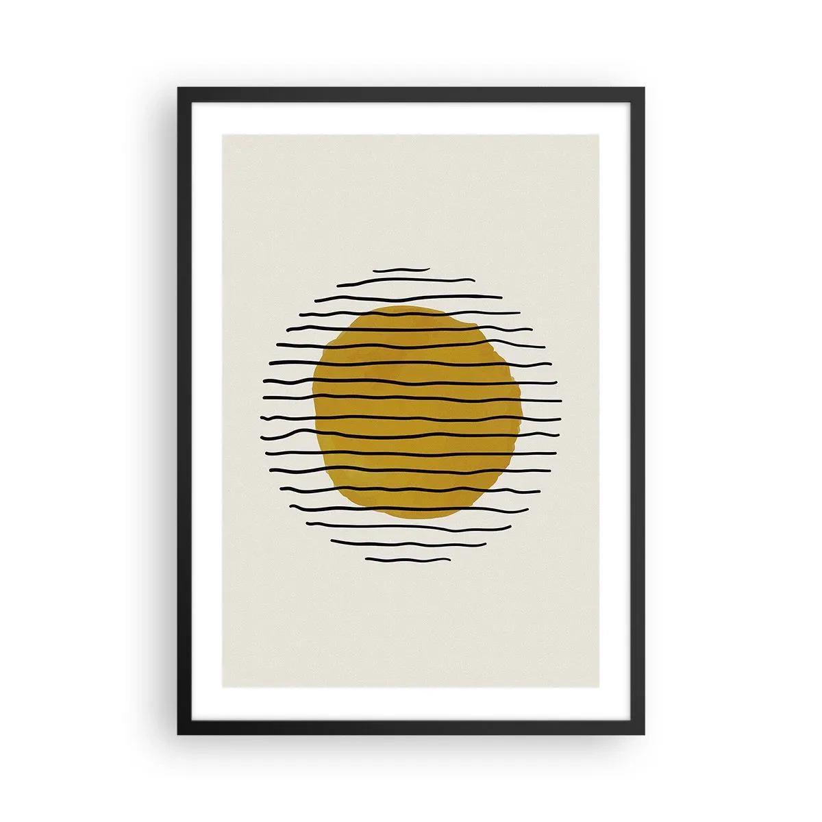 Poster in einem schwarzem Rahmen - Minimalistische Grafik mit gelbem Kreis und schwarzen Linien - 50x70cm - Abstraktion, die vor Hitze zittert - Moderne Wanddekoration für Wohnzimmer und Schlafzimmer ARTTOR