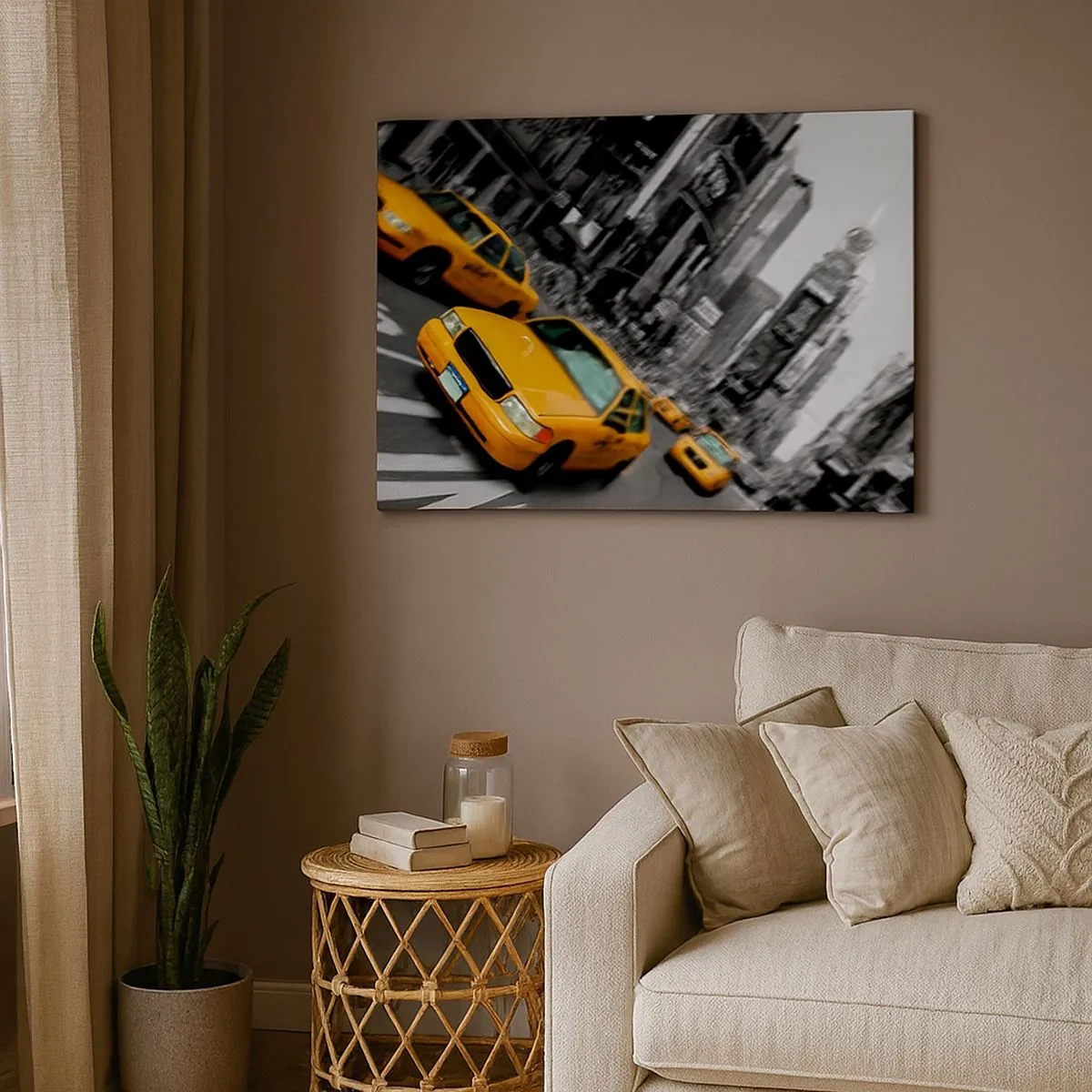 Bild auf Leinwand - Leinwandbild - Gelbe Taxis an einer belebten Kreuzung in der Stadt - 70x50cm - New Yorker Sonnentropfen - Moderne Wanddekoration für Wohnzimmer und Schlafzimmer ARTTOR