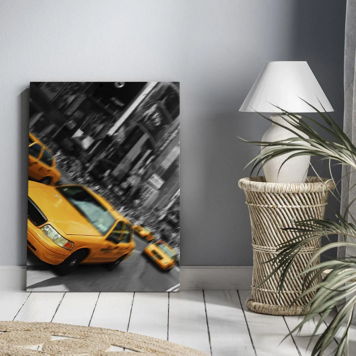 Bild auf Leinwand - Leinwandbild - Gelbe Taxis an einer belebten Kreuzung in der Stadt - 50x70cm - New Yorker Sonnentropfen - Moderne Wanddekoration für Wohnzimmer und Schlafzimmer ARTTOR
