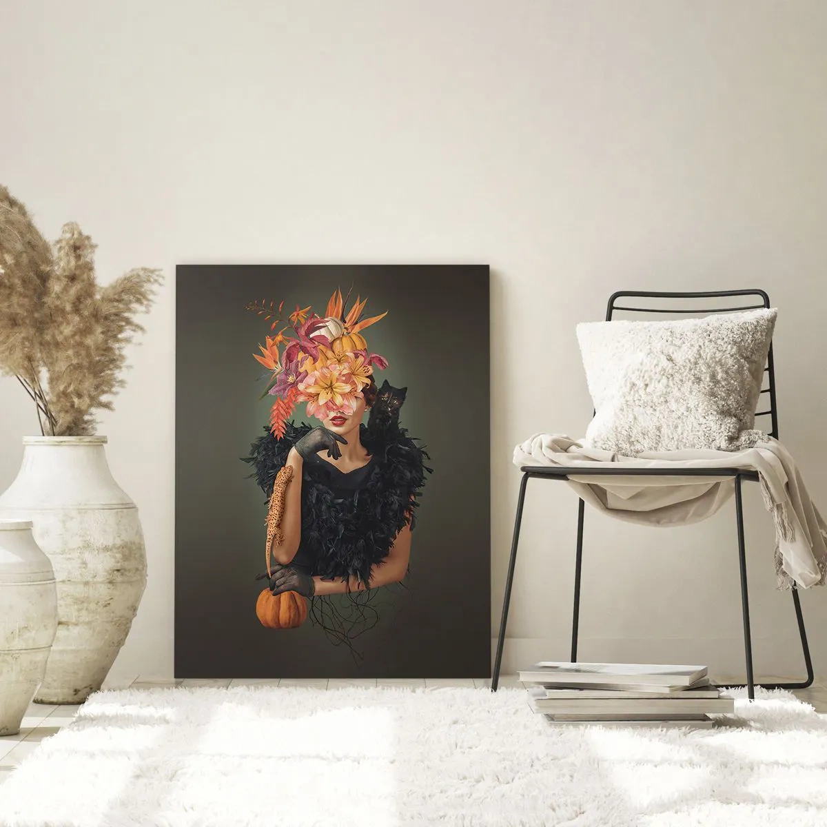 Glasbild - Bild auf glas - Frauenbildnis mit Herbstmotiven und Katze - 80x120cm - Der Zauber einer Hexe - Moderne Wanddekoration für Wohnzimmer und Schlafzimmer ARTTOR