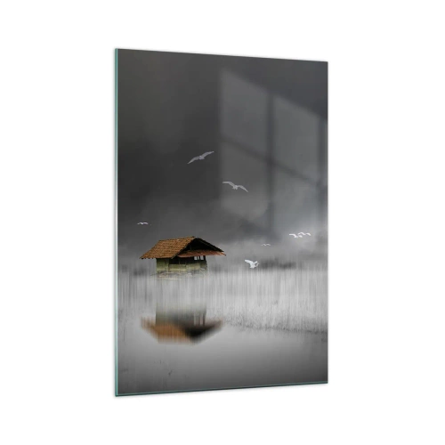 Glasbild - Bild auf glas - Ein einsames Häuschen am Wasser, umgeben von Nebel und Vögeln - 70x100cm - Schutz vor Regen - Moderne Wanddekoration für Wohnzimmer und Schlafzimmer ARTTOR