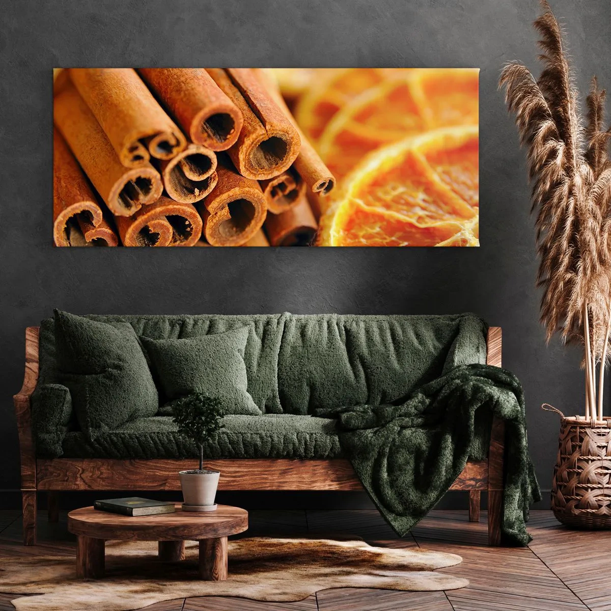 Bild auf Leinwand - Leinwandbild - Zimtstangen mit getrockneten Orangenscheiben in warmen Farben - 160x50cm - Kannst du ihr Aroma riechen? - Moderne Wanddekoration für Wohnzimmer und Schlafzimmer ARTTOR