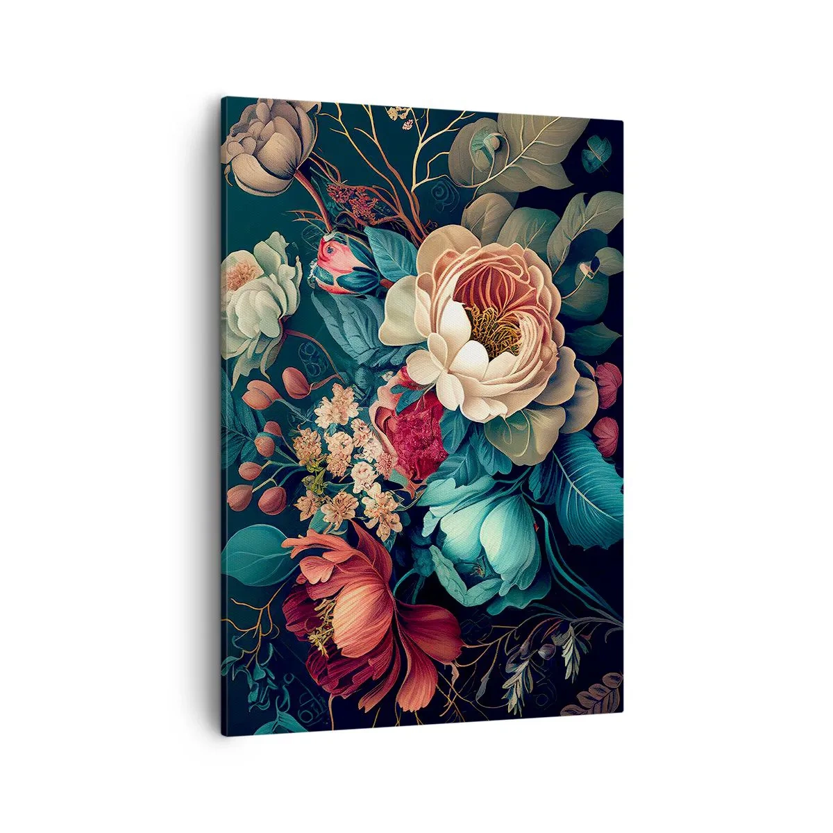 Bild auf Leinwand - Leinwandbild - Eine farbenfrohe Blumenkomposition auf dunklem Hintergrund - 50x70cm - Charme des 19. Jahrhunderts - Moderne Wanddekoration für Wohnzimmer und Schlafzimmer ARTTOR