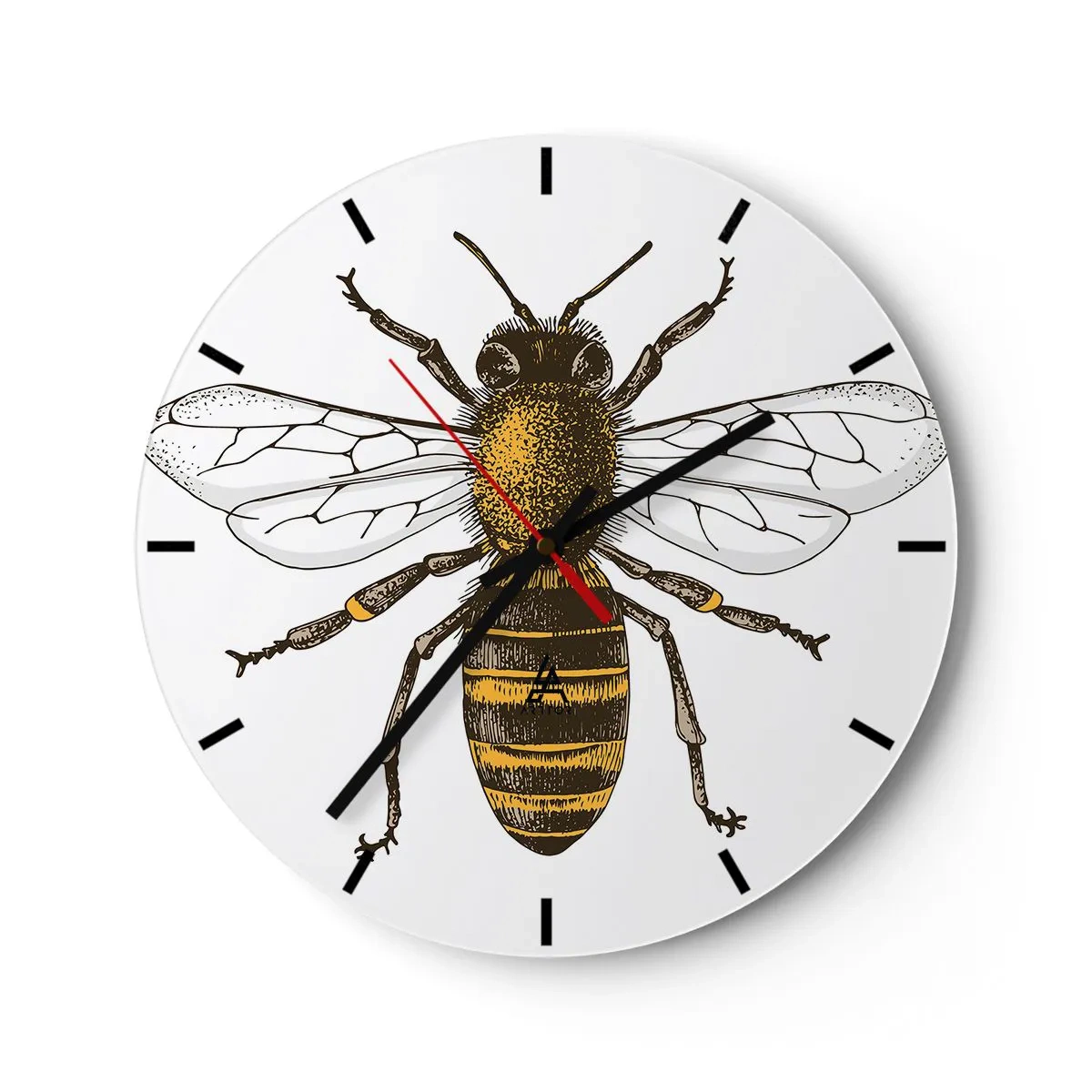 Wanduhr - Glasuhr - Illustration einer Biene mit ausgebreiteten Flügeln auf weißem Hintergrund - 30x30cm - Schön und gut - Moderne Wanddekoration für Wohnzimmer, Küche und Schlafzimmer ARTTOR