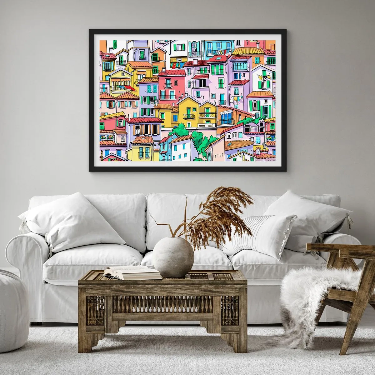 Poster in einem schwarzem Rahmen - Bunte Mietshäuser im lebendigen, fröhlichen Stil - 70x50cm - Lustige Stadt - Moderne Wanddekoration für Wohnzimmer und Schlafzimmer ARTTOR