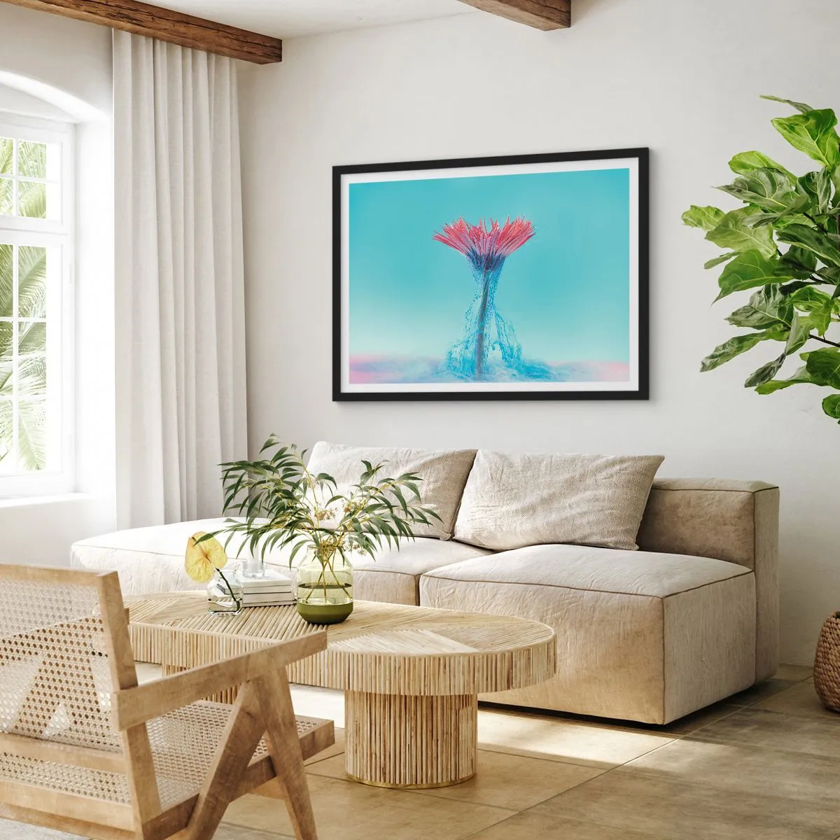 Poster in einem schwarzem Rahmen - Eine rosa und blaue Blume in einem künstlerischen Arrangement vor einem pastellfarbenen Hintergrund - 100x70cm - In einer belebenden Umarmung - Moderne Wanddekoration für Wohnzimmer und Schlafzimmer ARTTOR