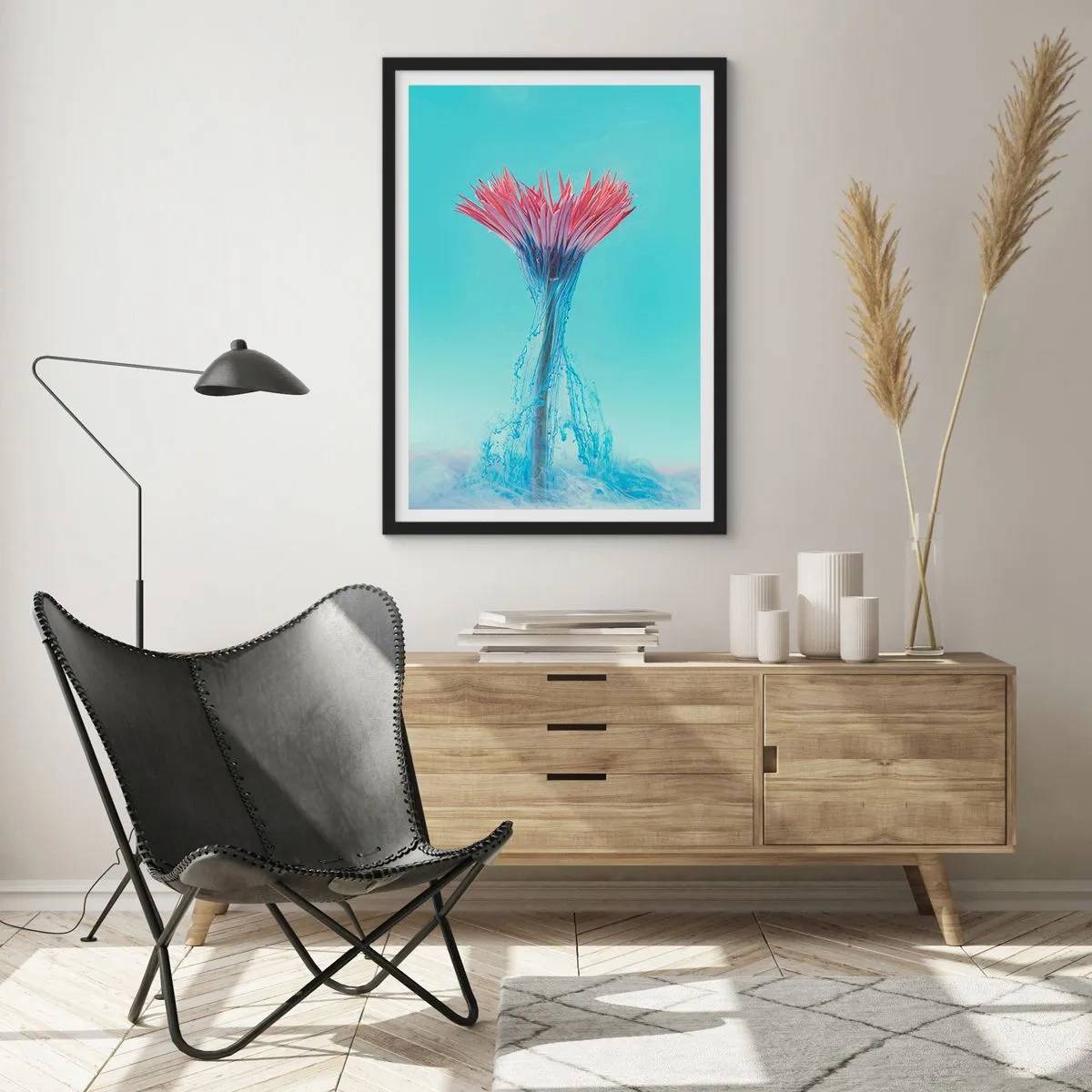 Poster in einem schwarzem Rahmen - Eine Blume, umgeben von bunten Strömen auf einem pastellfarbenen Hintergrund - 50x70cm - In einer belebenden Umarmung - Moderne Wanddekoration für Wohnzimmer und Schlafzimmer ARTTOR