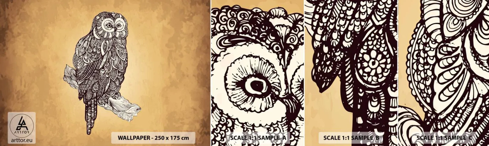 Fototapeten Muster Selbstklebend Deluxe Sticker - Kunstvolle Ornamente der Weisheit - Eule, Vogel, Tier - 100x30 cm