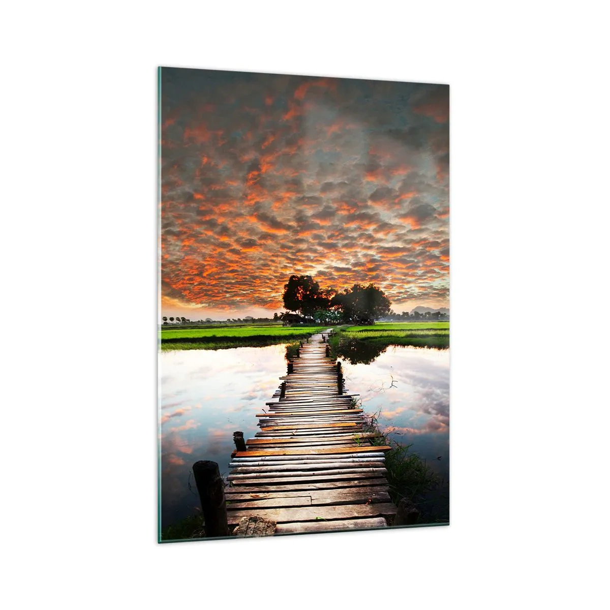Glasbild - Bild auf glas - Holzbrücke über dem Wasser bei Sonnenuntergang - 70x100cm - Arme ausstrecken - atmen - Moderne Wanddekoration für Wohnzimmer und Schlafzimmer ARTTOR
