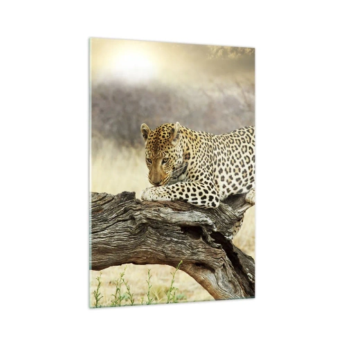 Glasbild - Bild auf glas - Ein Leopard ruht auf einem Baumstamm in der Savanne - 70x100cm - Ich gehe meine eigenen Wege - Moderne Wanddekoration für Wohnzimmer und Schlafzimmer ARTTOR