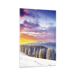 Glasbild - Bild auf glas - Winterlandschaft mit Bergen und Wald bei Sonnenuntergang - 70x100cm - Am helllichten Tag - Moderne Wanddekoration für Wohnzimmer und Schlafzimmer ARTTOR