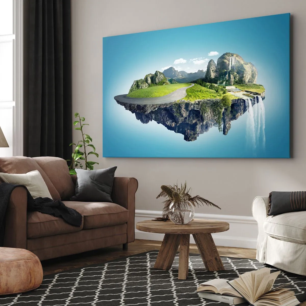 Bild auf Leinwand - Leinwandbild - Eine schwimmende Insel mit Bergen und Wasserfällen - 120x80cm - Fantastische Insel - Moderne Wanddekoration für Wohnzimmer und Schlafzimmer ARTTOR